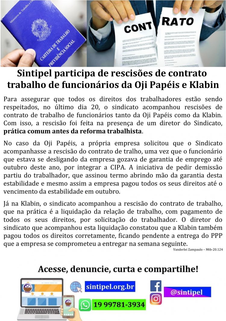 Sintipel participa de rescisões de contrato trabalho de funcionários da Oji Papéis e Klabin