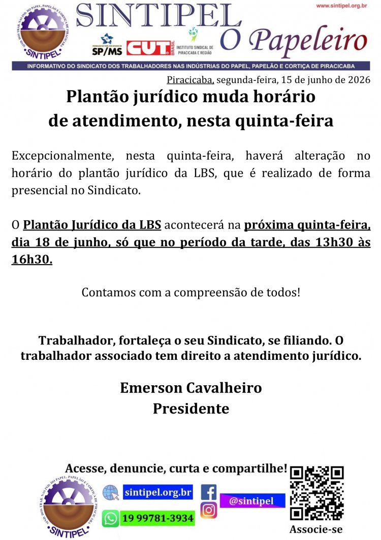 Plantão jurídico muda horário de atendimento, nesta