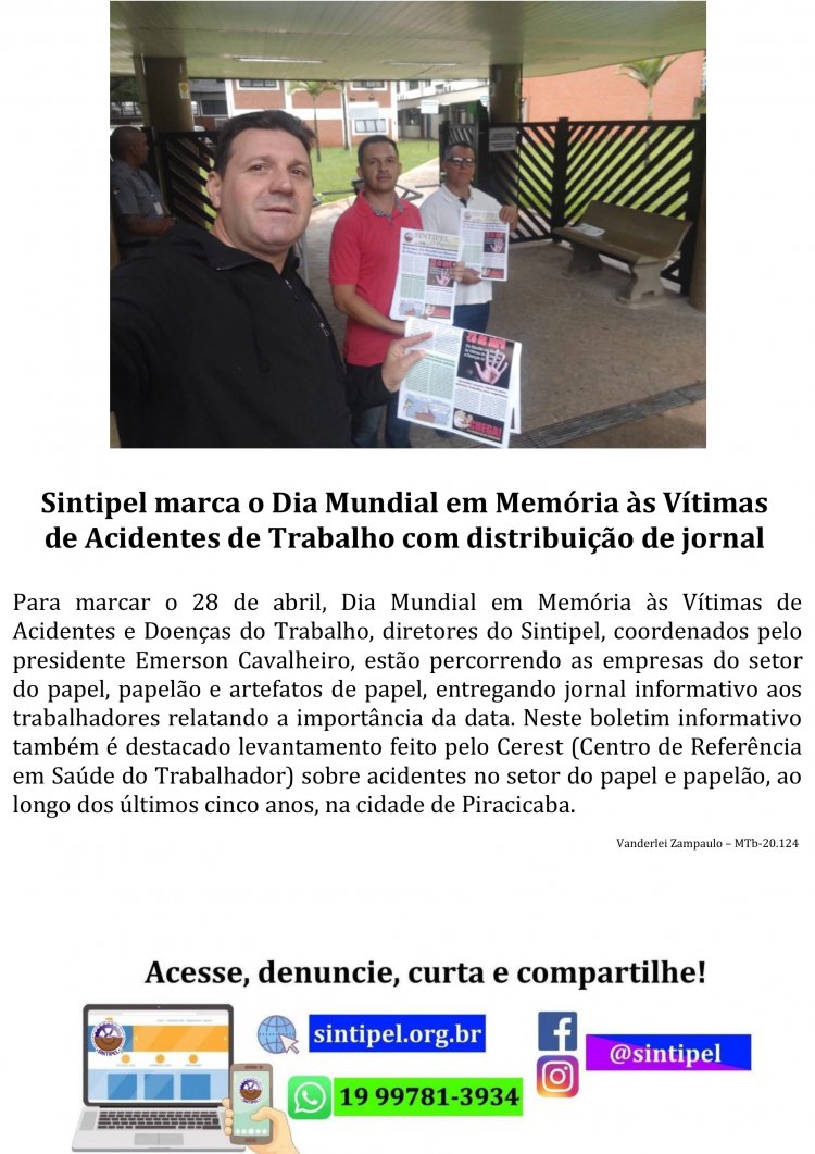 Sintipel marca o Dia Mundial em Memória às Vítimas de Acidentes de Trabalho com distribuição de jornal 