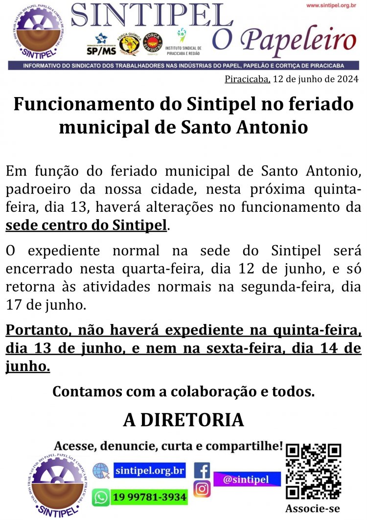 Funcionamento do Sintipel no feriado municipal de Santo