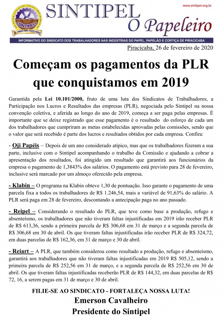 Começam os pagamentos da PLR que conquistamos em