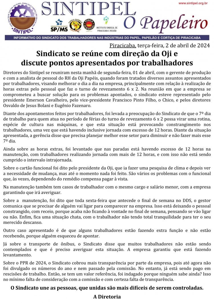 Sindicato se reúne com direção da Oji e discute pontos apresentados por trabalhadores