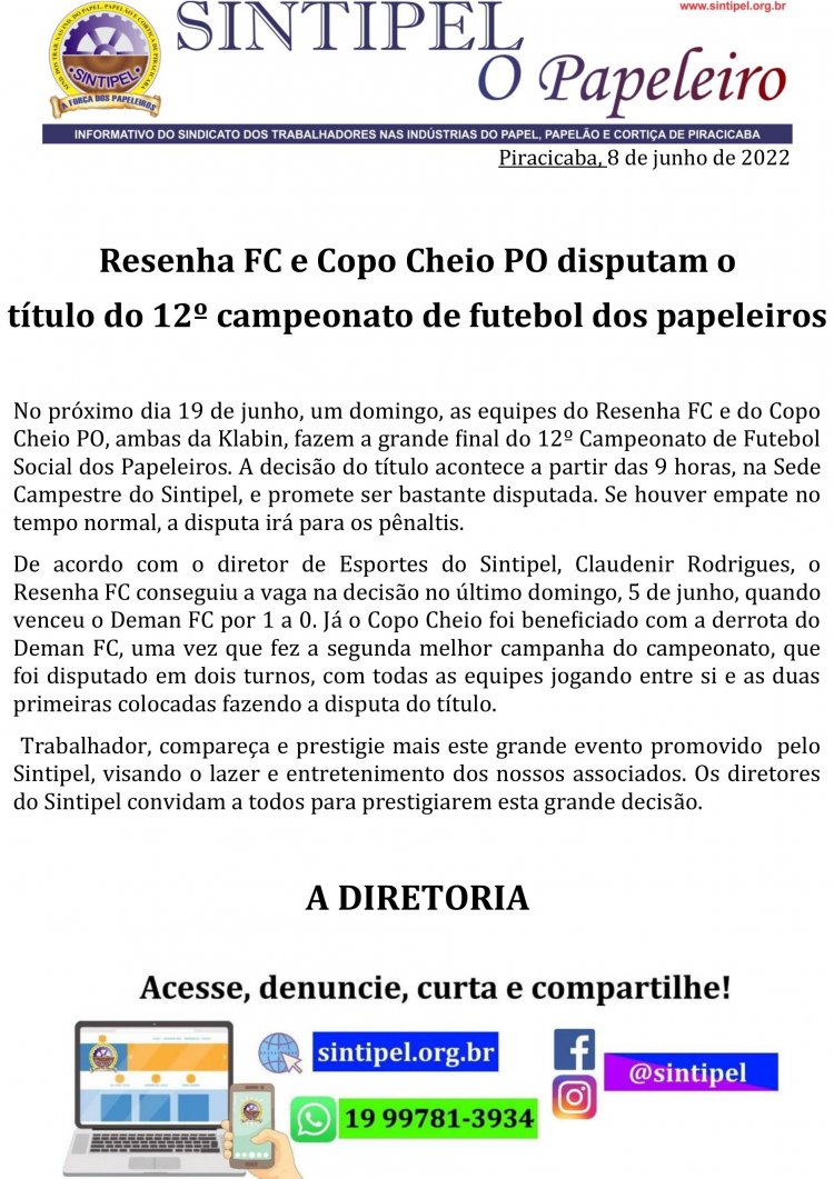Resenha FC e Copo Cheio PO disputam o título do 12º campeonato de