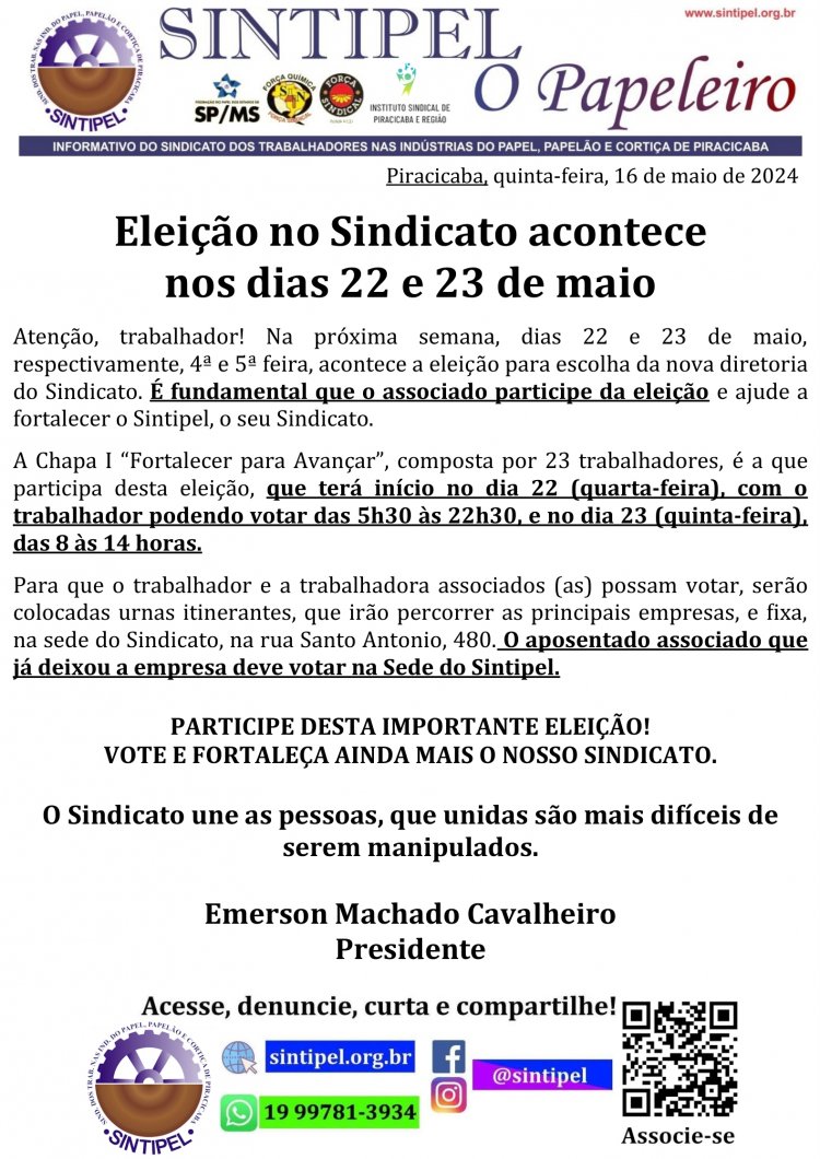 Eleição no Sindicato acontece nos dias 22 e 23 de