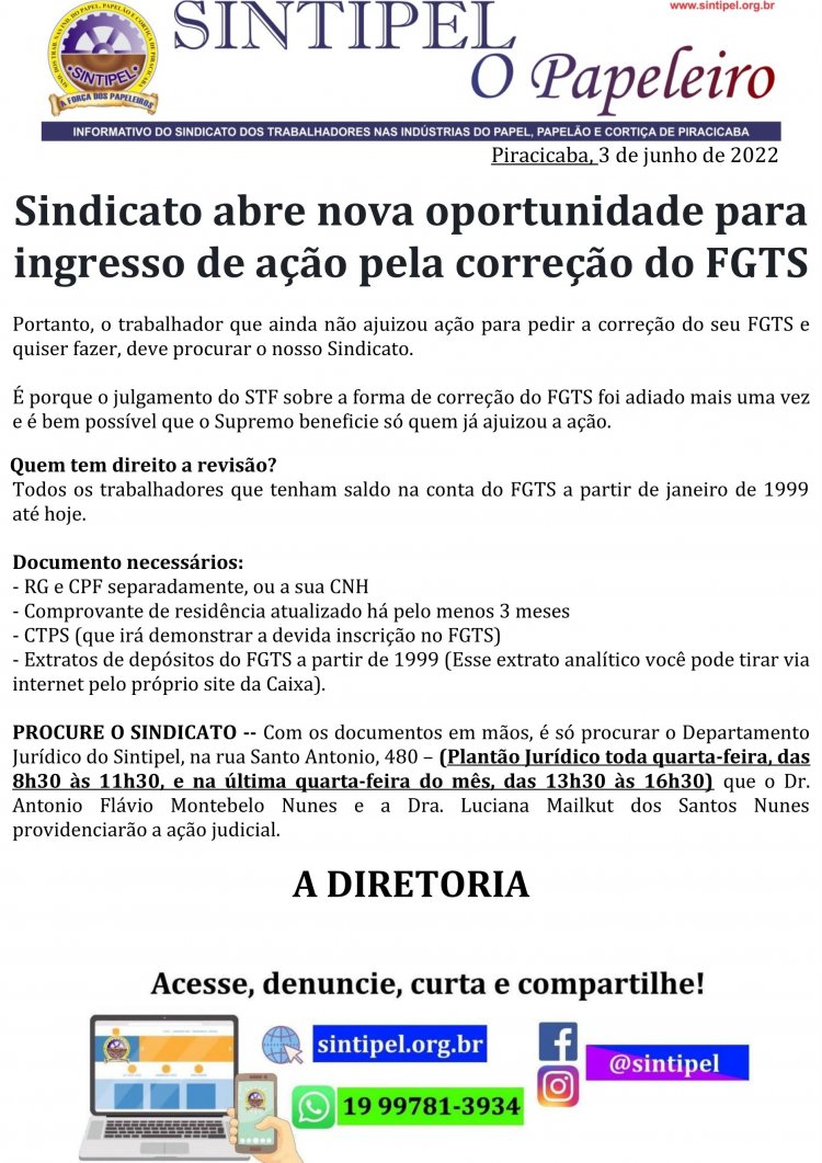 Sindicato abre nova oportunidade para ingresso de ação pela