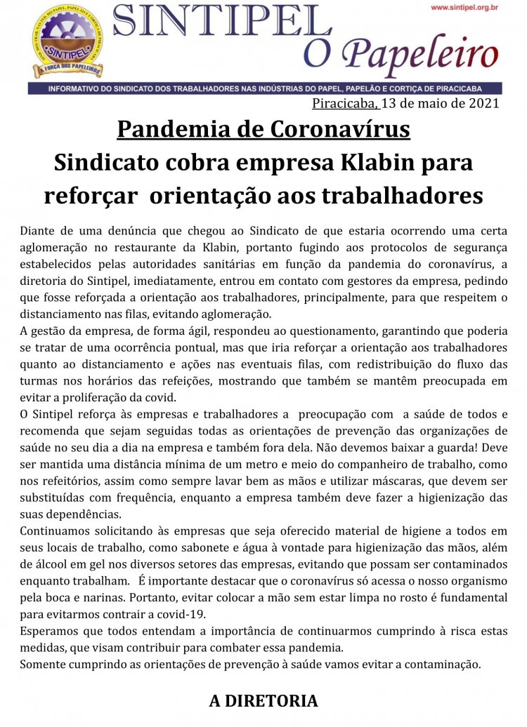 Sindicato cobra empresa Klabin para reforçar  orientação aos