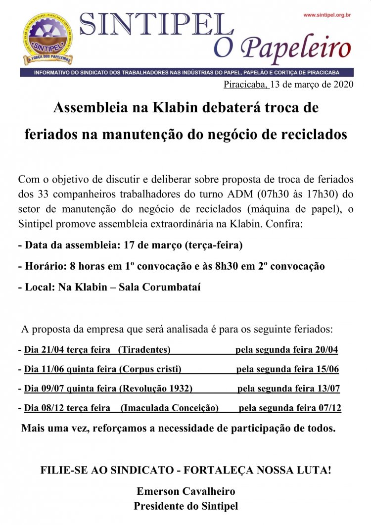 Assembleia na Klabin debaterá troca de feriados na manutenção do