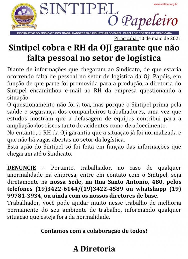 Sintipel cobra e RH da OJI garante que não falta pessoal no setor de