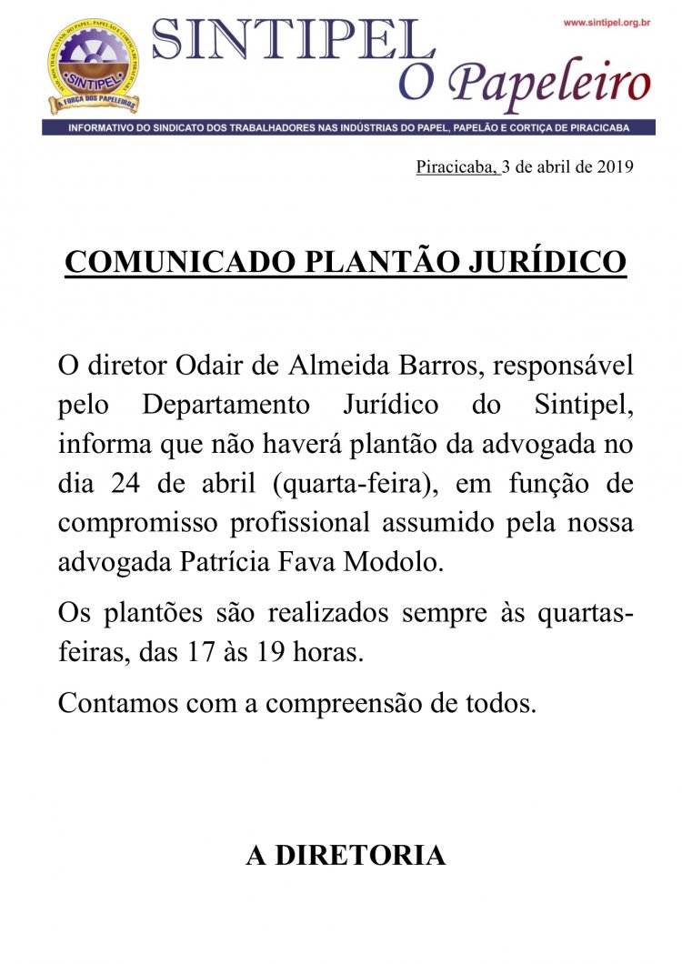 COMUNICADO PLANTÃO