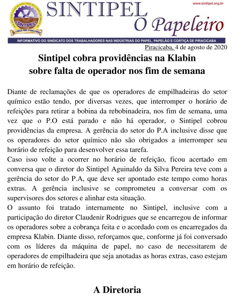 Sintipel cobra providências na Klabin sobre falta de operador nos