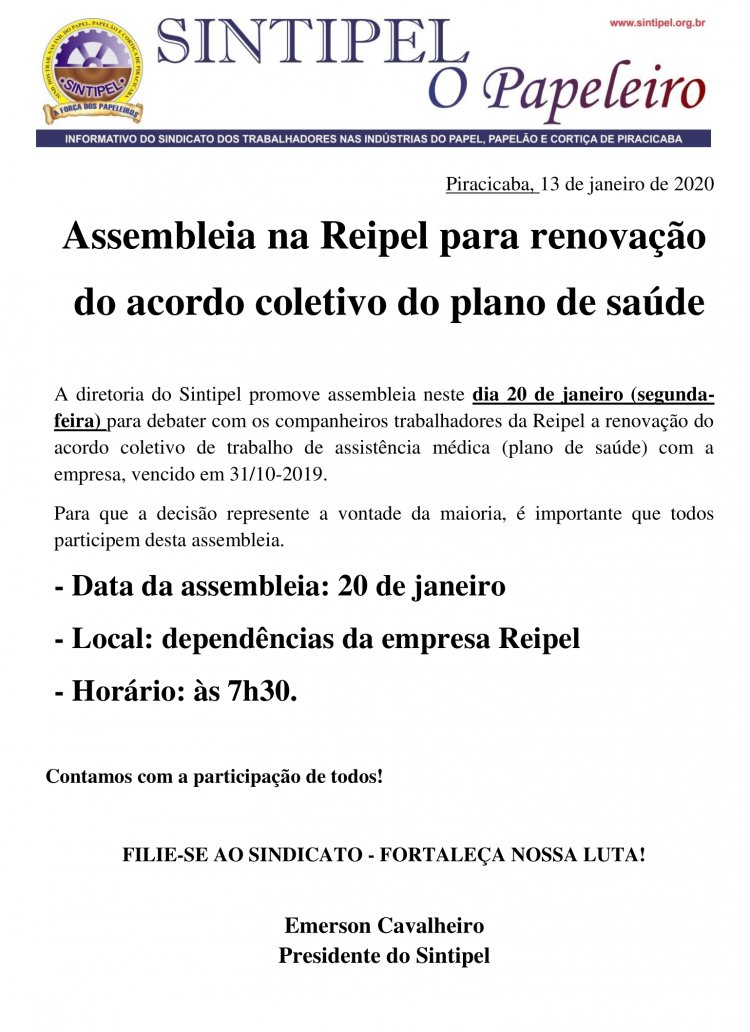 Assembleia na Reipel para renovação do acordo coletivo do plano de