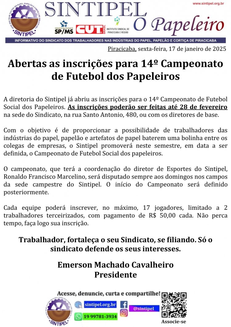 Abertas as inscrições para 14º Campeonato de Futebol dos
