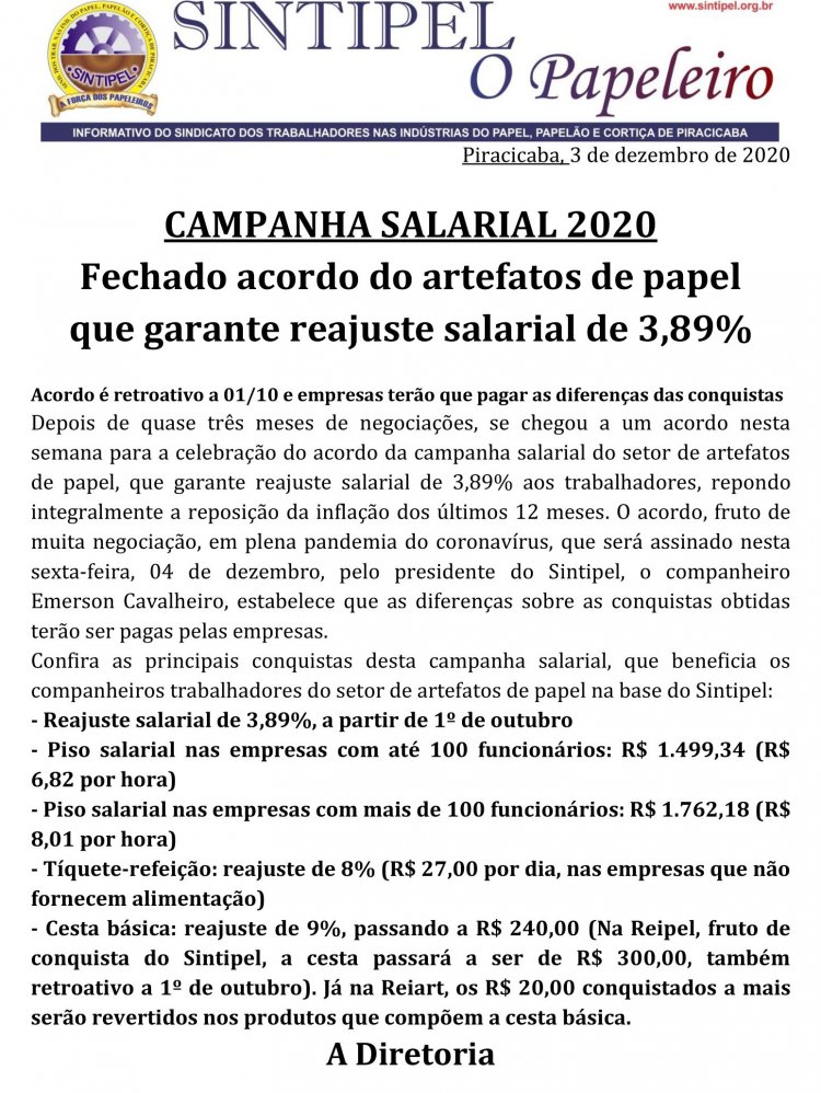 Fechado acordo do artefatos de papel que garante reajuste salarial de