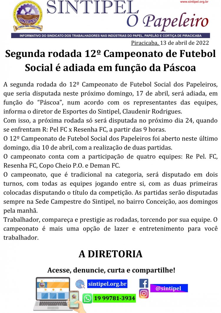 Segunda rodada 12º Campeonato de Futebol Social é adiada em