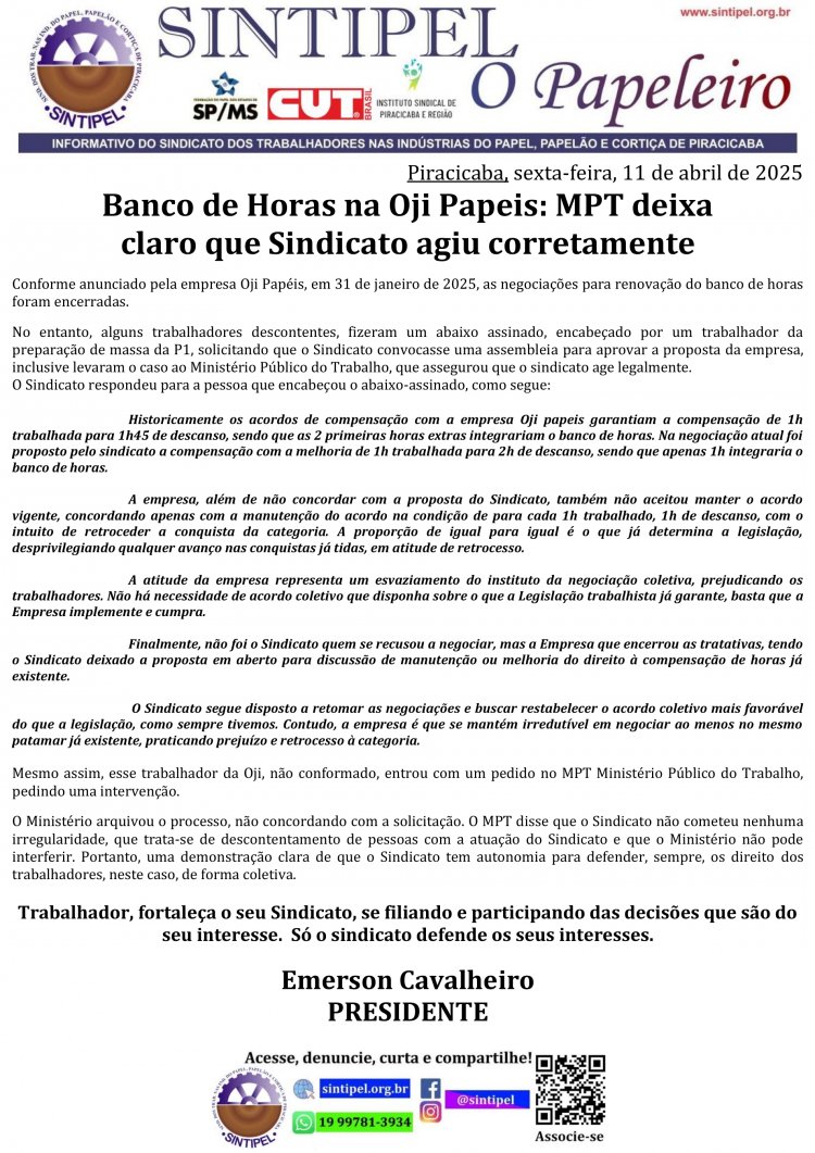 Banco de Horas na Oji Papeis: MPT deixa claro que Sindicato agiu