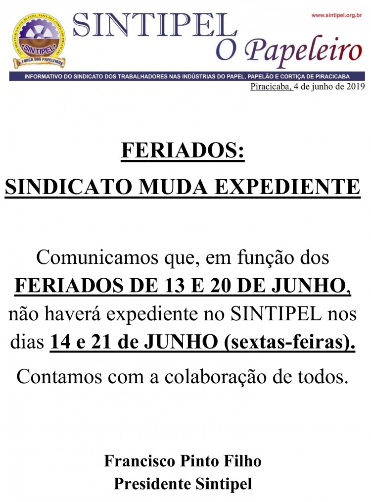 FERIADOS: SINDICATO MUDA