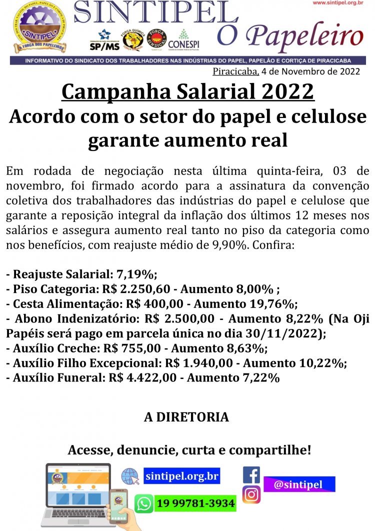 Acordo com o setor do papel e celulose garante aumento