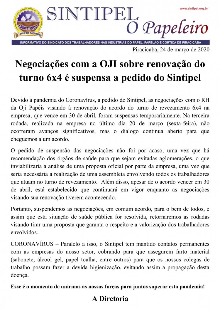 Negociações com a OJI sobre renovação do turno 6x4 é suspensa a