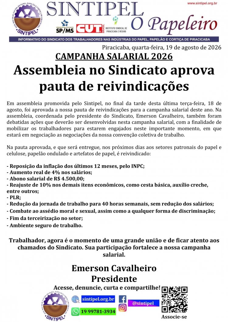 CAMPANHA SALARIAL 2026 Assembleia no Sindicato aprova pauta de