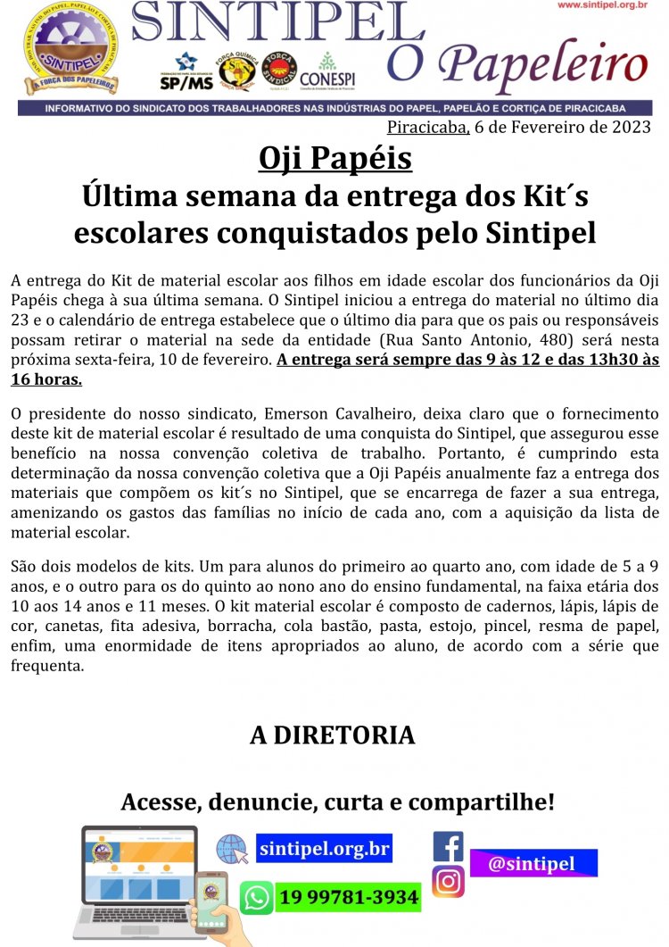 Última semana da entrega dos Kit´s escolares conquistados pelo Sintipel