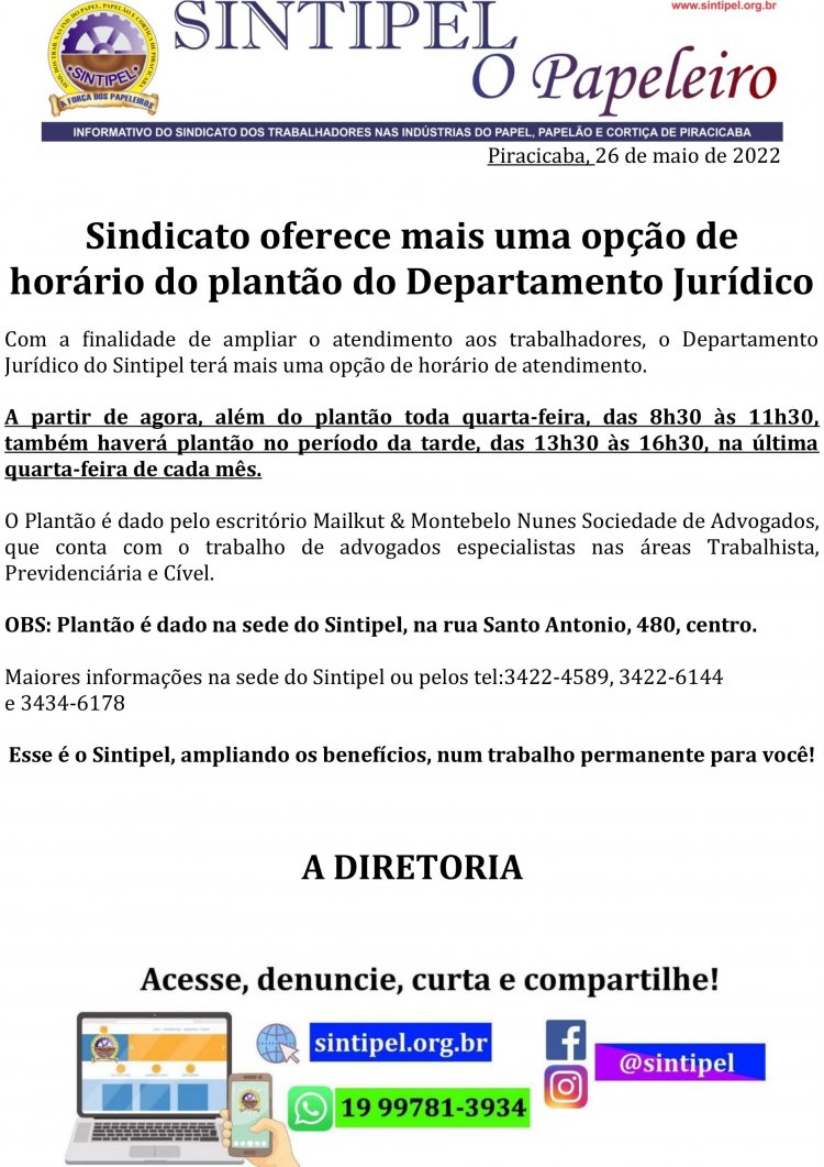 Sindicato oferece mais uma opção de horário do plantão do