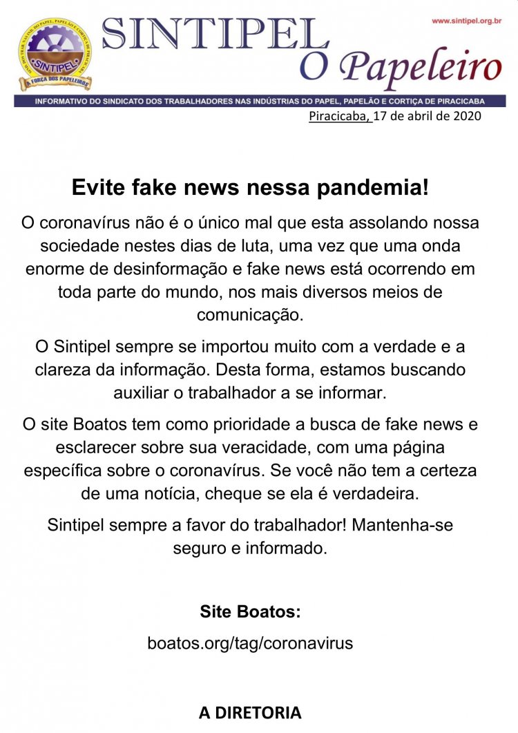 Evite fake news nessa pandemia!