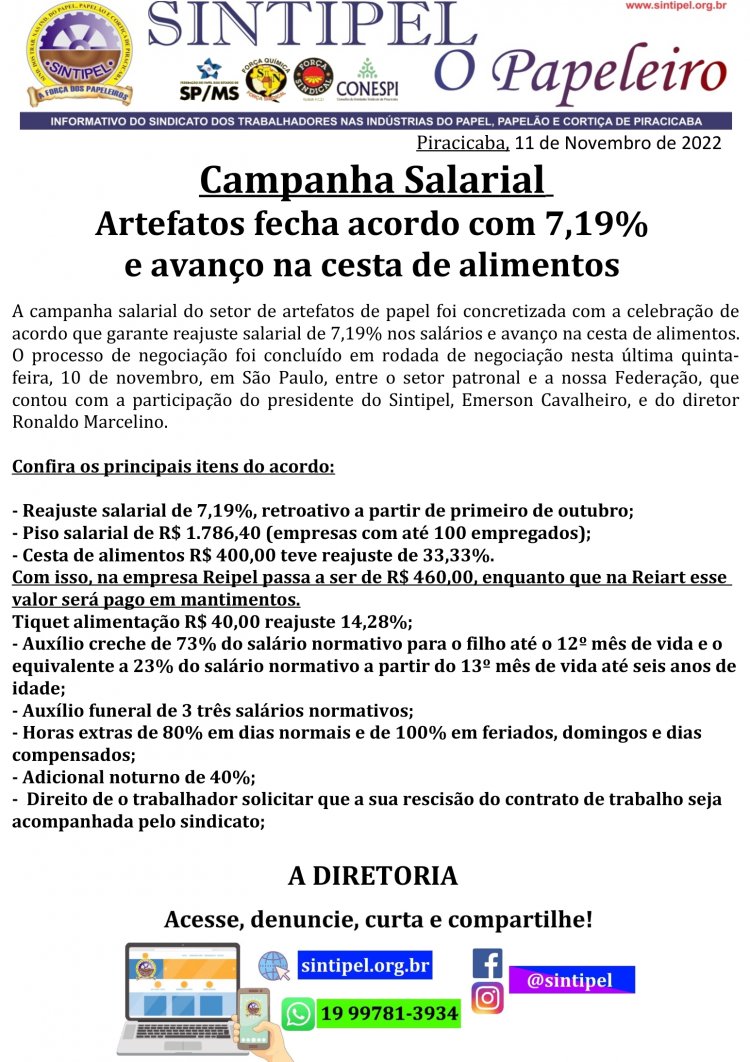 Artefatos fecha acordo com 7,19% e avanço na cesta de alimentos