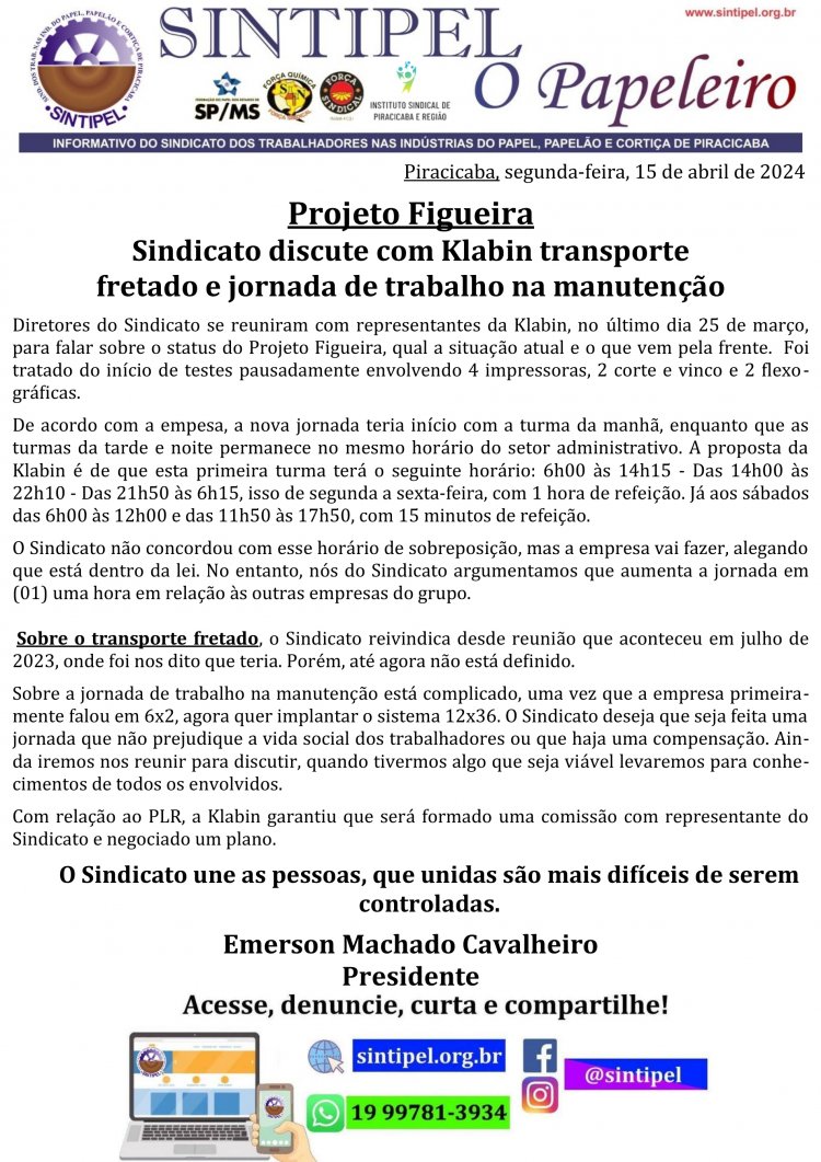 Projeto Figueira: Sindicato discute com Klabin transporte fretado e jornada de trabalho na manutenção