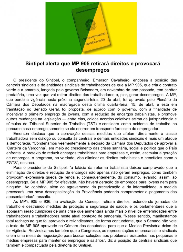 Sintipel alerta que MP 905 retirará direitos e provocará desempregos