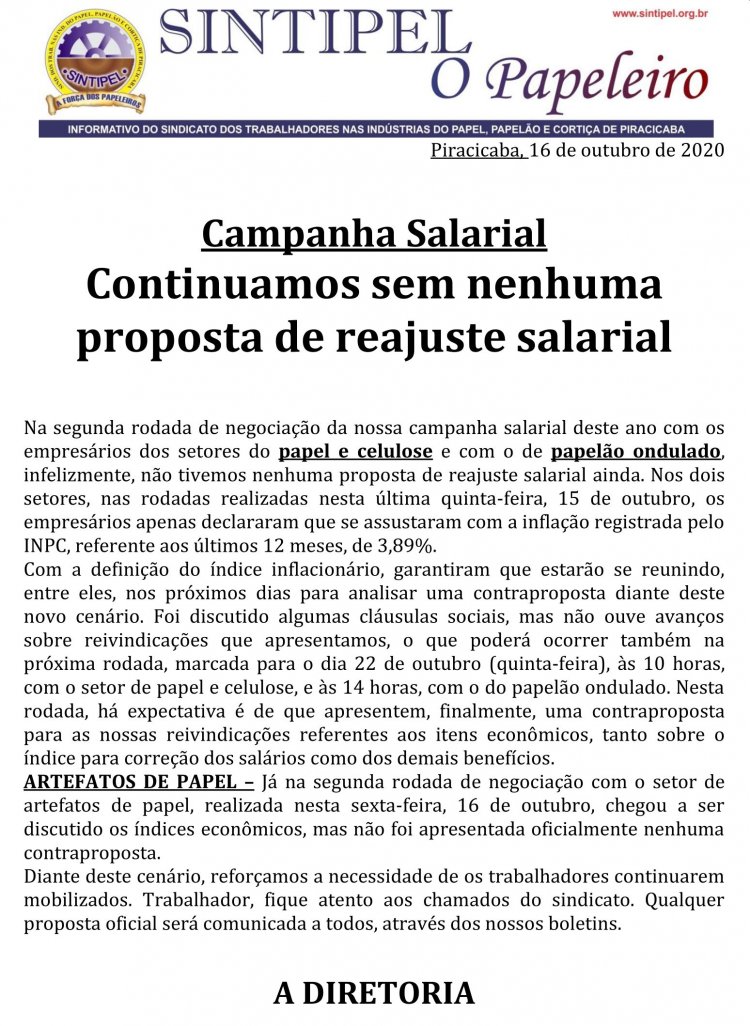 Continuamos sem nenhuma proposta de reajuste salarial 