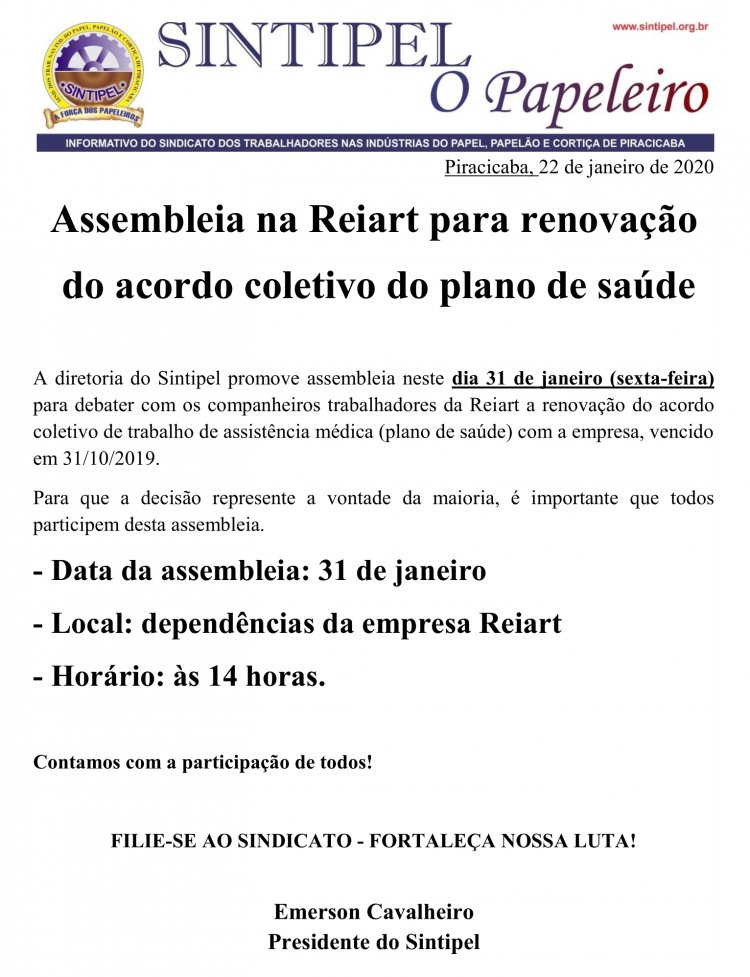 Assembleia na Reiart para renovação do acordo coletivo do plano de