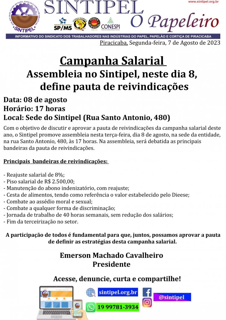 Assembleia no Sintipel, neste dia 8, define pauta de reivindicações