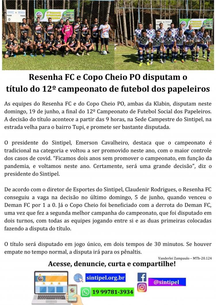 Resenha FC e Copo Cheio PO disputam o título do 12º campeonato de