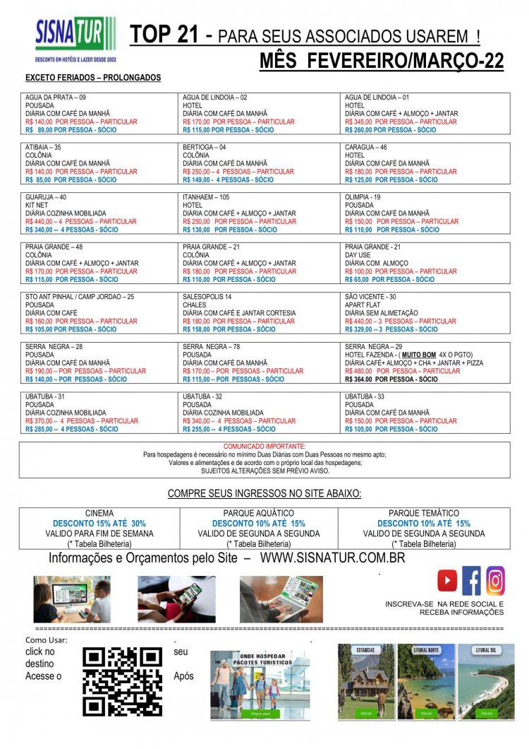 Tabela de preços Sisnatur de Janeiro e Fevereiro/Março de