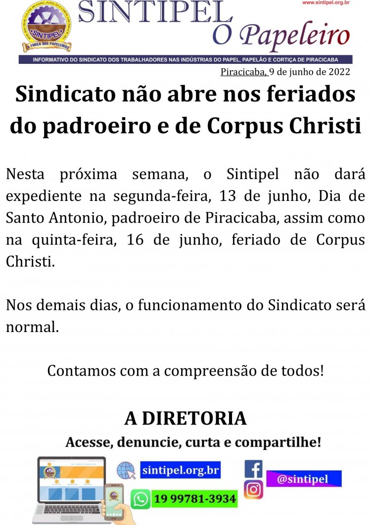 Sindicato não abre nos feriados do padroeiro e de Corpus