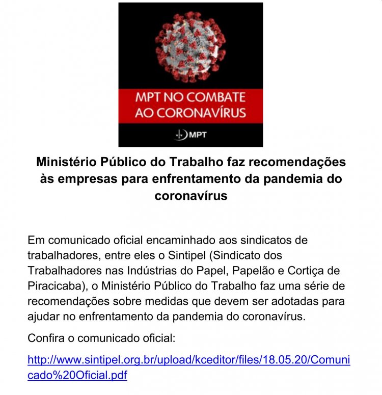 Ministério Público do Trabalho faz recomendações às empresas para enfrentamento da pandemia do coronavírus