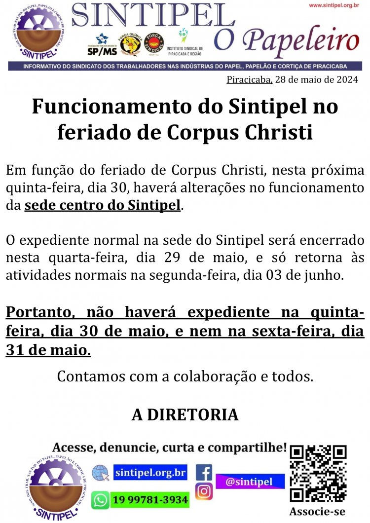 Funcionamento do Sintipel no feriado de Corpus