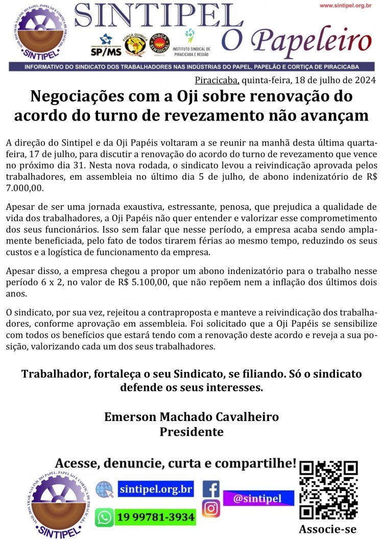 Negociações com a Oji sobre renovação do acordo do turno de