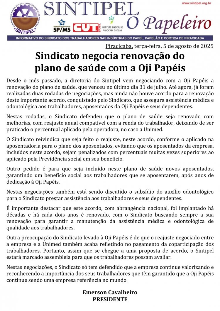Sindicato negocia renovação do plano de saúde com a Oji