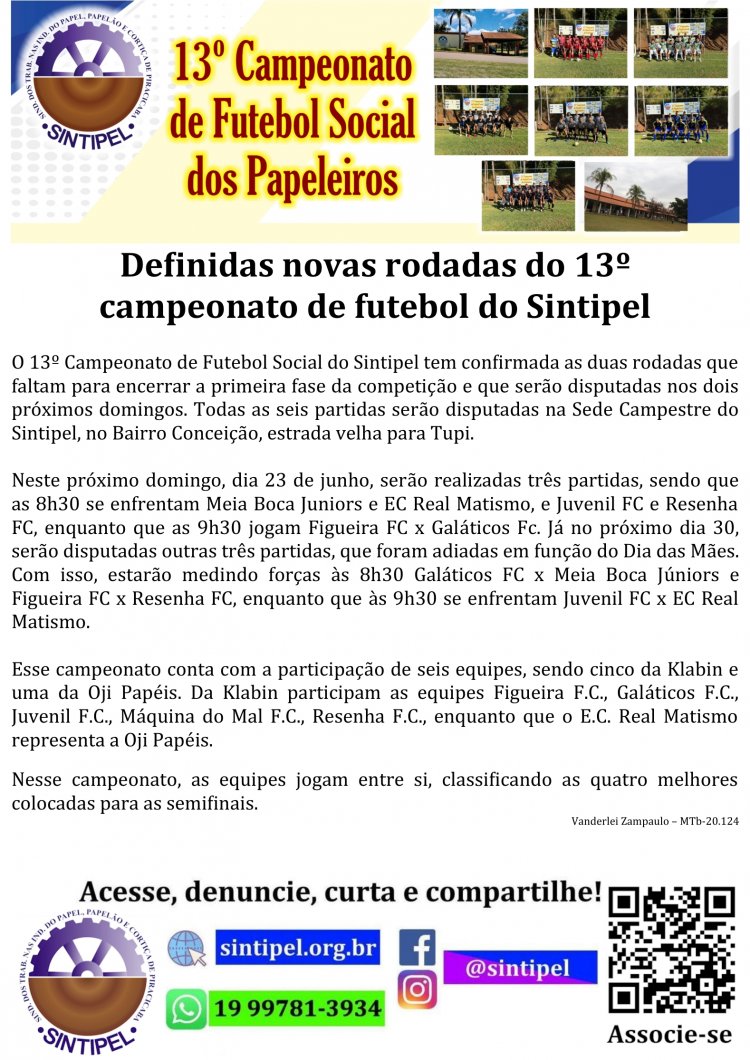 Definidas novas rodadas do 13º campeonato de futebol do