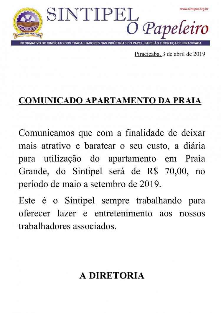 COMUNICADO APARTAMENTO DA PRAIA