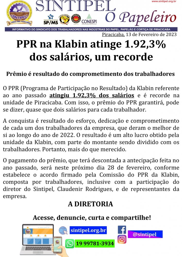 PPR na Klabin atinge 1.92,3% dos salários, um