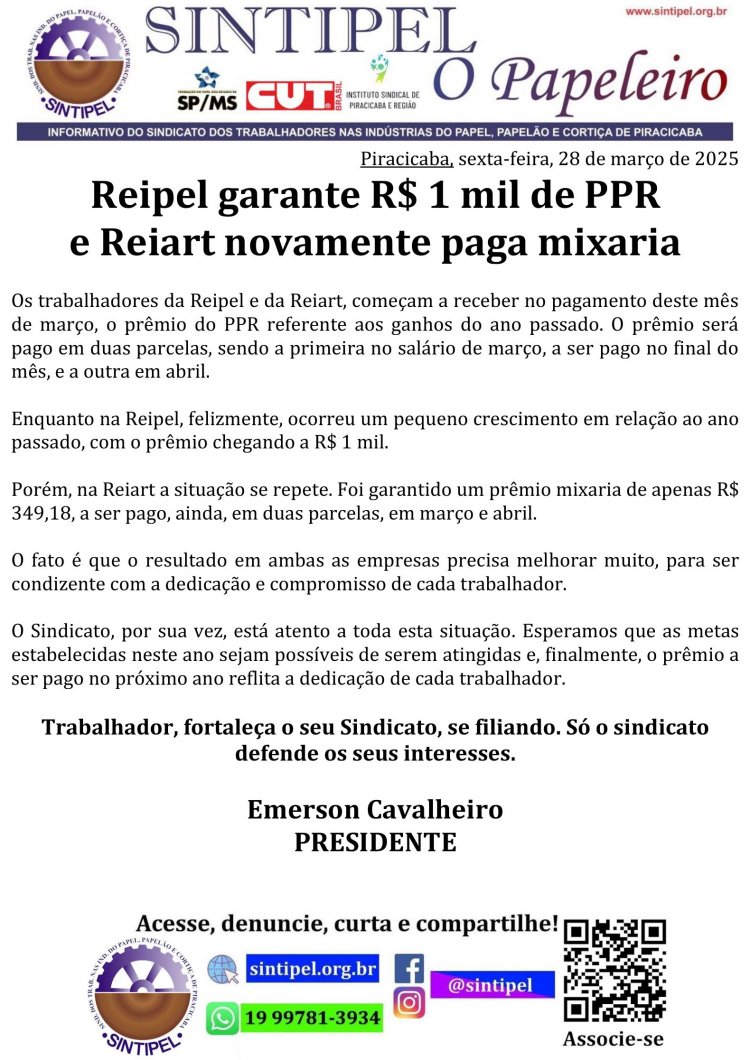 Reipel garante R$ 1 mil de PPR e Reiart novamente paga