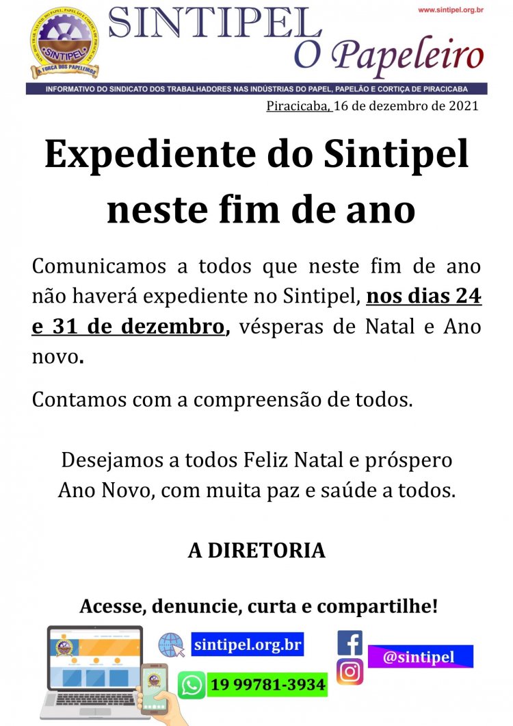 Expediente do Sintipel neste fim de