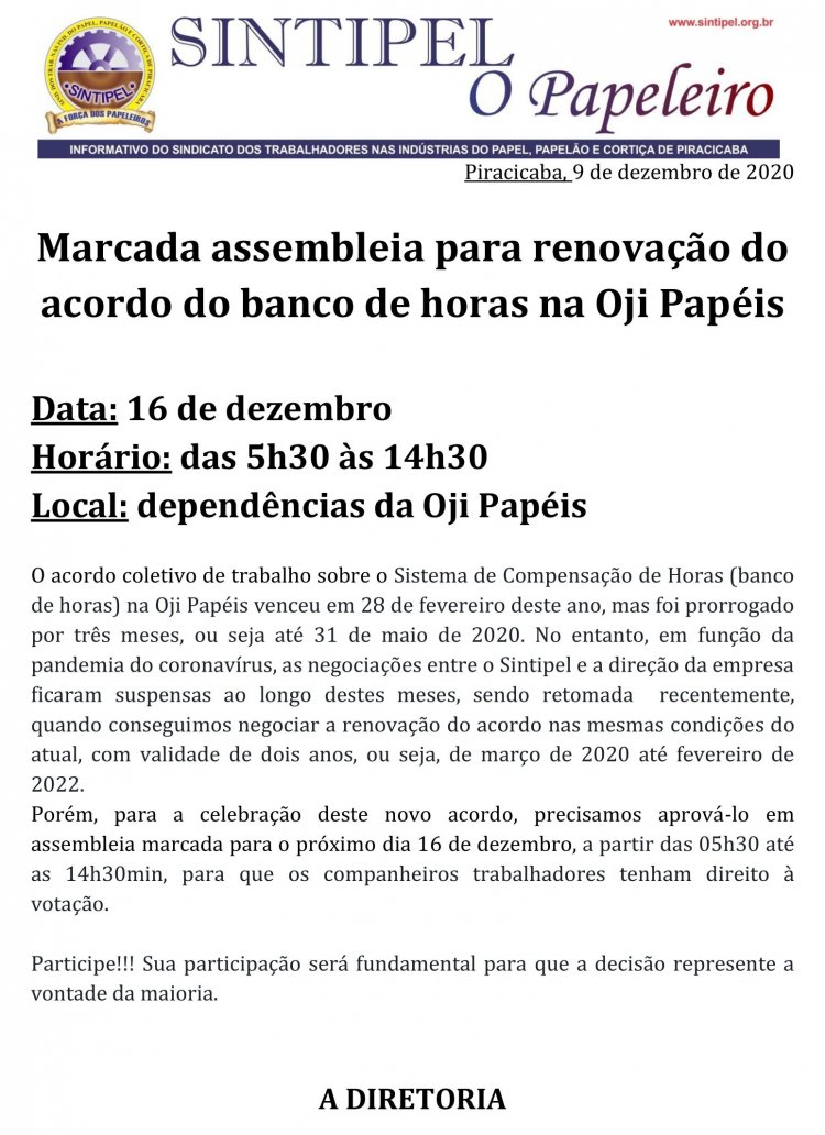 Marcada assembleia para renovação do acordo do banco de horas na