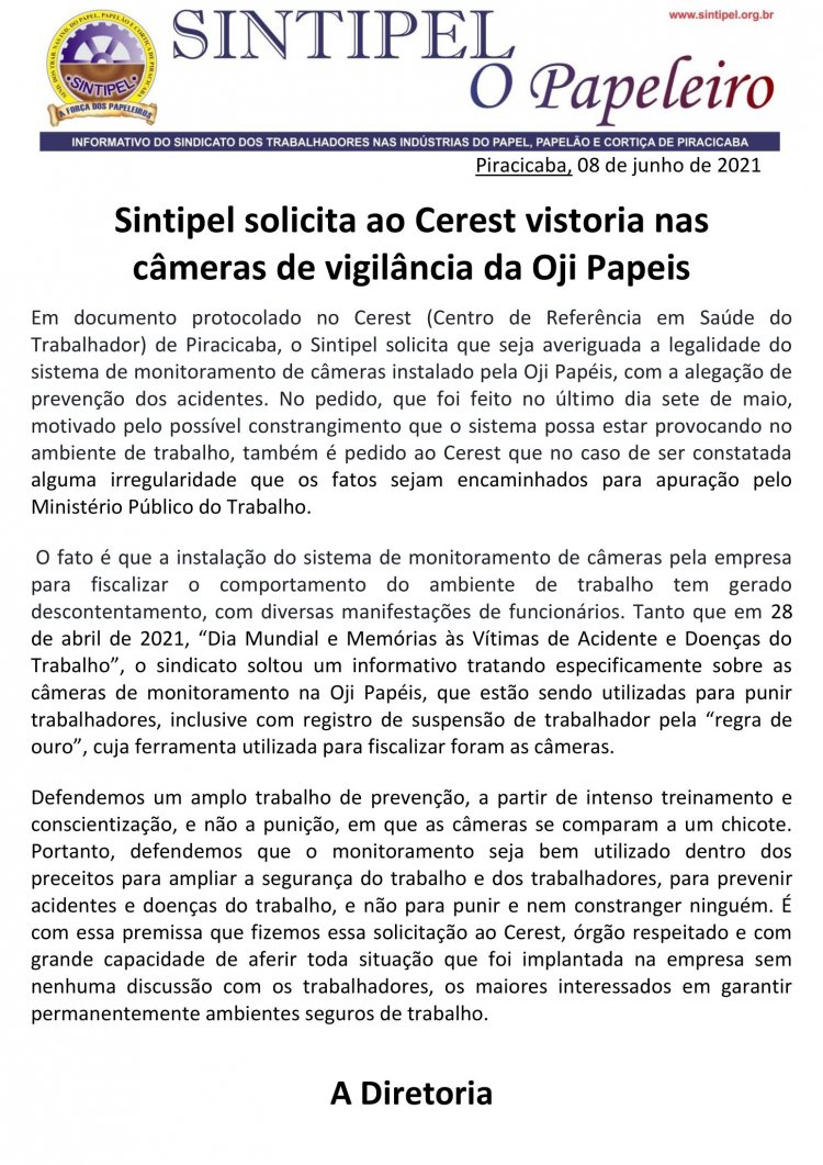 Sintipel solicita ao Cerest vistoria nas câmeras de vigilância da