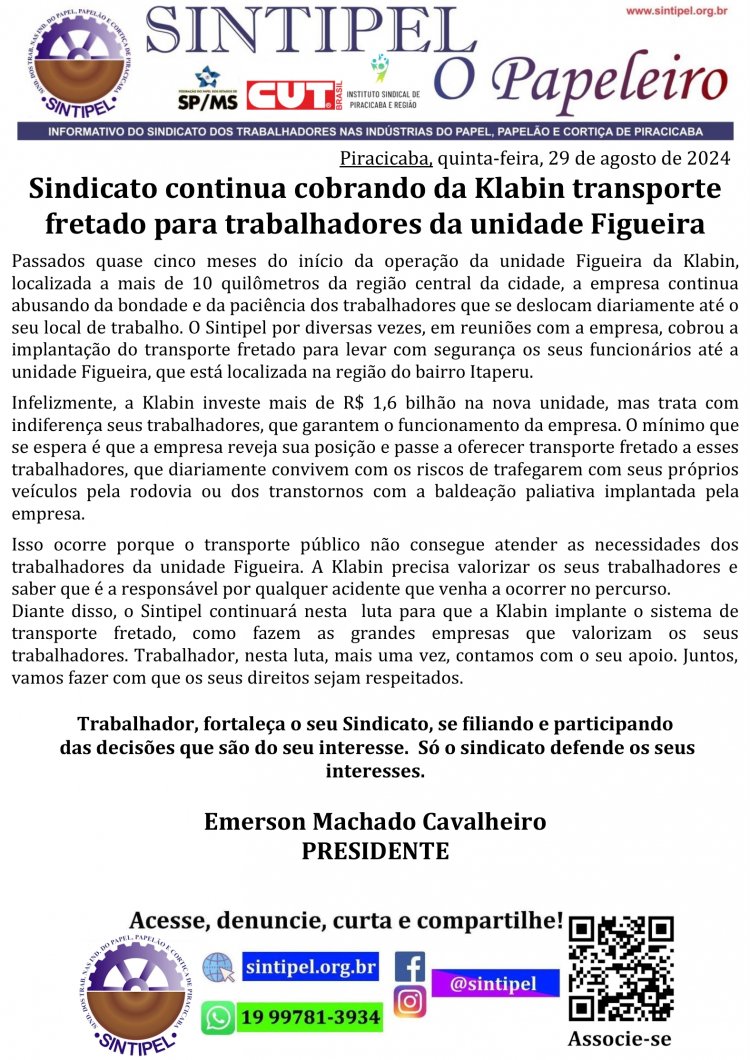 Sindicato continua cobrando da Klabin transporte fretado para