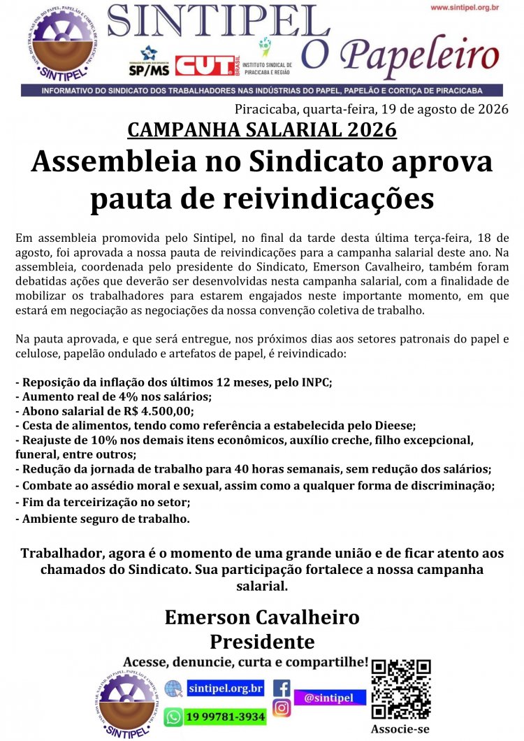 CAMPANHA SALARIAL 2026 Assembleia no Sindicato aprova pauta de