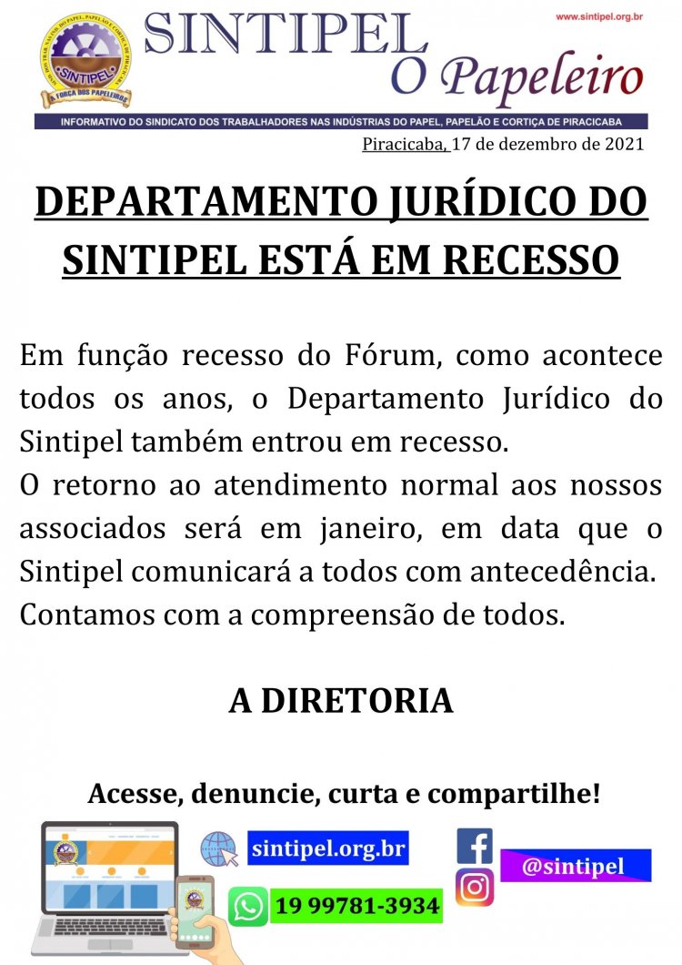 DEPARTAMENTO JURÍDICO DO SINTIPEL ESTÁ EM