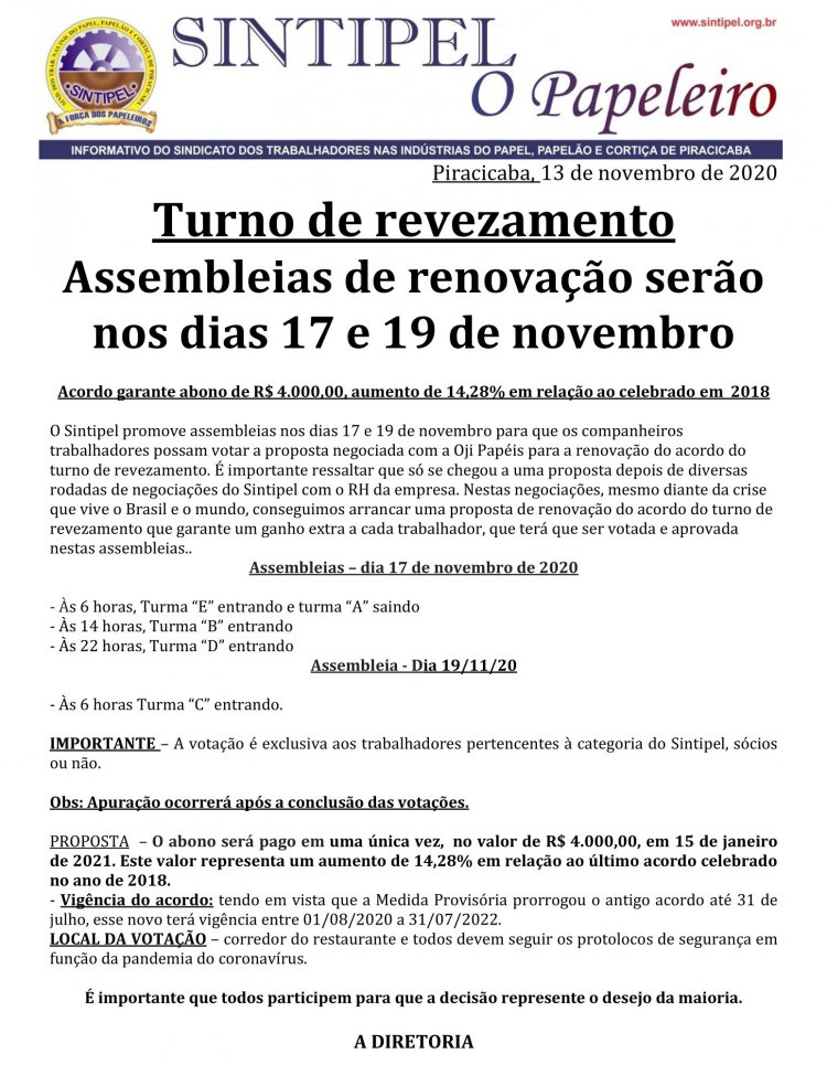 Assembleias de renovação serão nos dias 17 e 19 de novembro 